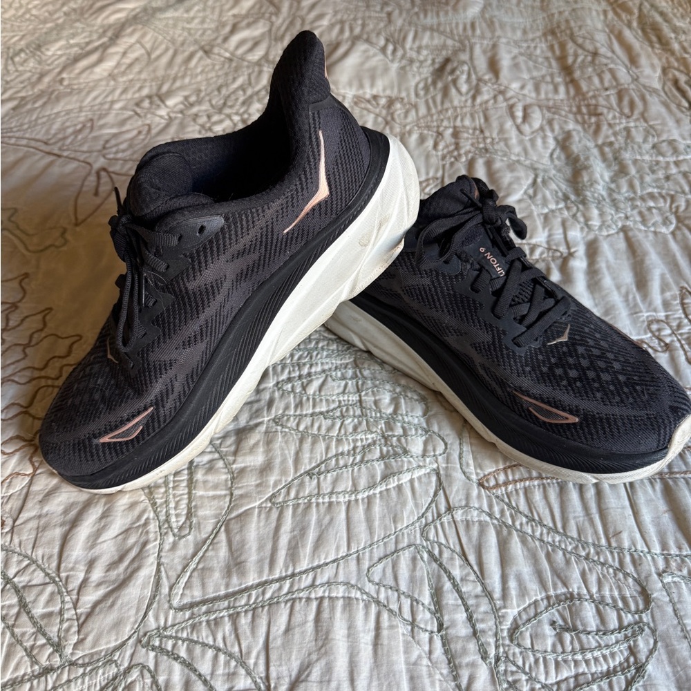 Hoka Clifton 9 Black and White Athletic Shoes